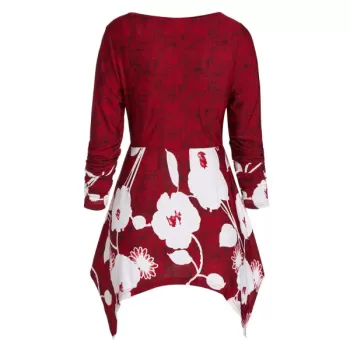 Ditsy Print Plunge Asymmetrical T Shirt - Red Wine