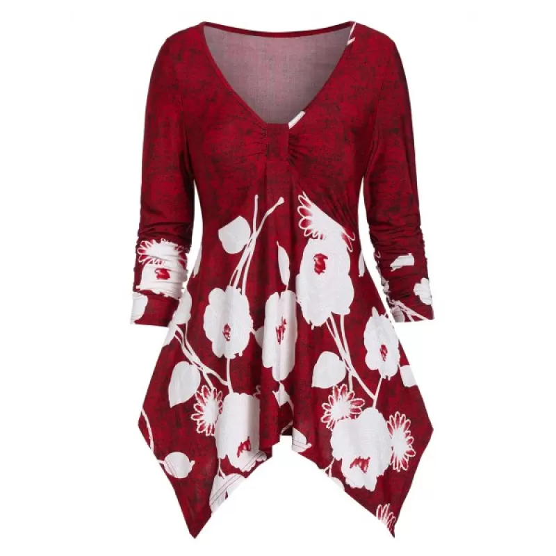 Ditsy Print Plunge Asymmetrical T Shirt - Red Wine