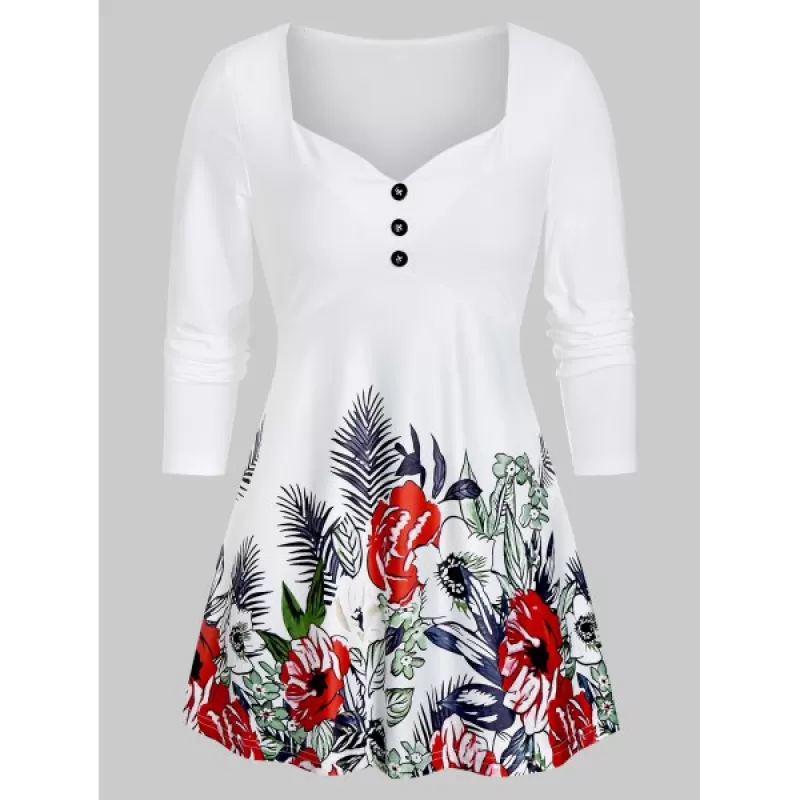 Ditsy Print Sweetheart Neck Button T Shirt - White