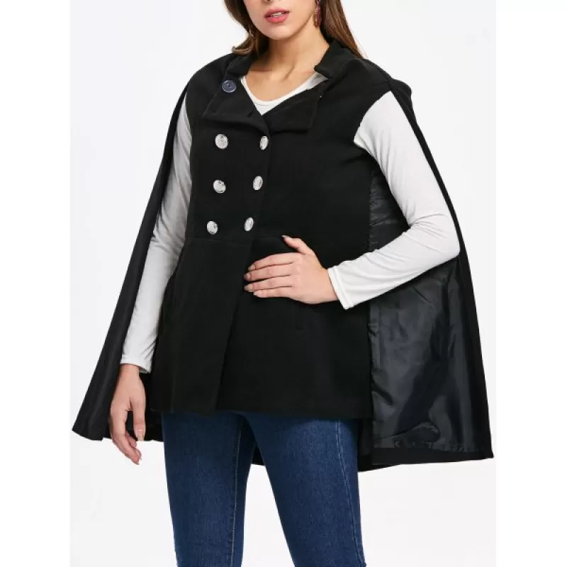 Double Breasted Cape Coat - Black