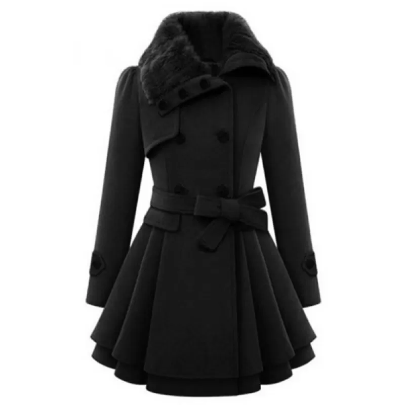 Double Breasted Turn Down Collar Coat - Black