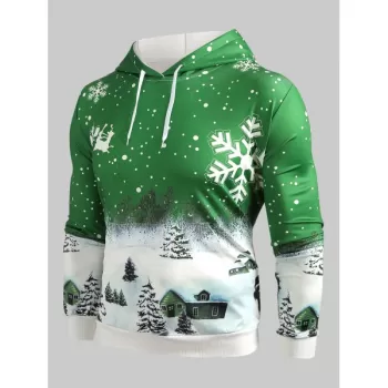 Drawstring Christmas Snowflake Print Hoodie - Seaweed Green