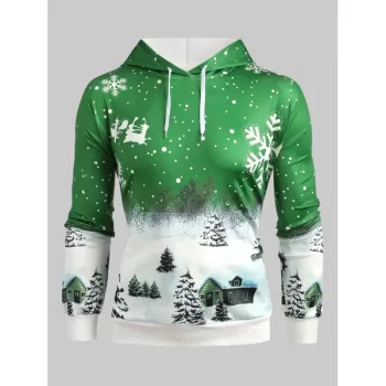 Drawstring Christmas Snowflake Print Hoodie - Seaweed Green