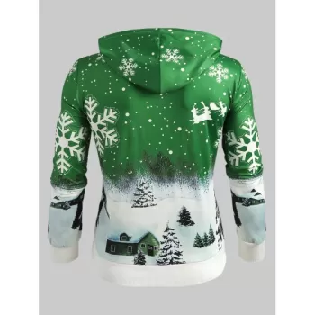 Drawstring Christmas Snowflake Print Hoodie - Seaweed Green