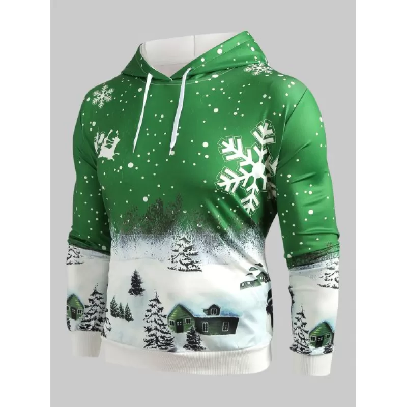 Drawstring Christmas Snowflake Print Hoodie - Seaweed Green