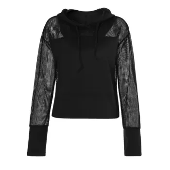 Drawstring Fishnet Insert Hoodie - Black