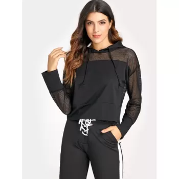 Drawstring Fishnet Insert Hoodie - Black