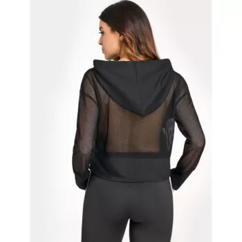 Drawstring Fishnet Insert Hoodie - Black