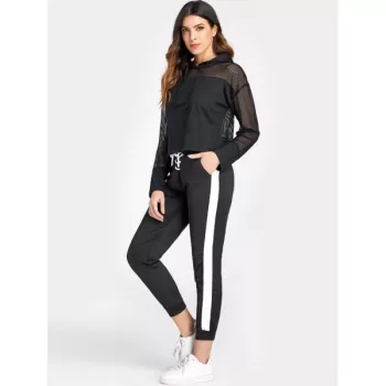 Drawstring Fishnet Insert Hoodie - Black