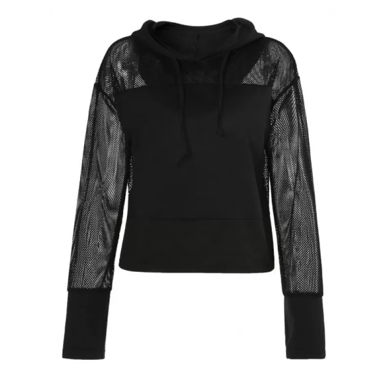 Drawstring Fishnet Insert Hoodie - Black