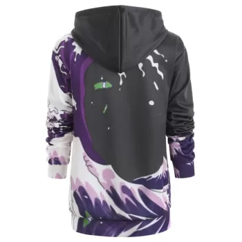 Drawstring Printed Tunic Hoodie - Black