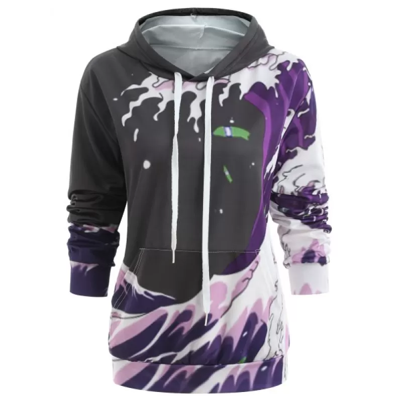 Drawstring Printed Tunic Hoodie - Black