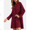 Drop houlder Beaded Mini hift Dress - Deep Red