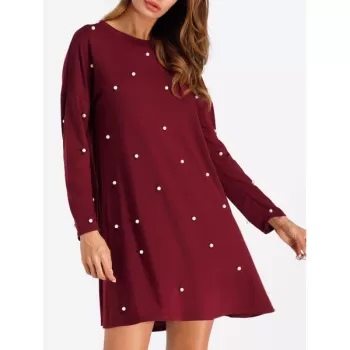 Drop houlder Beaded Mini hift Dress - Deep Red