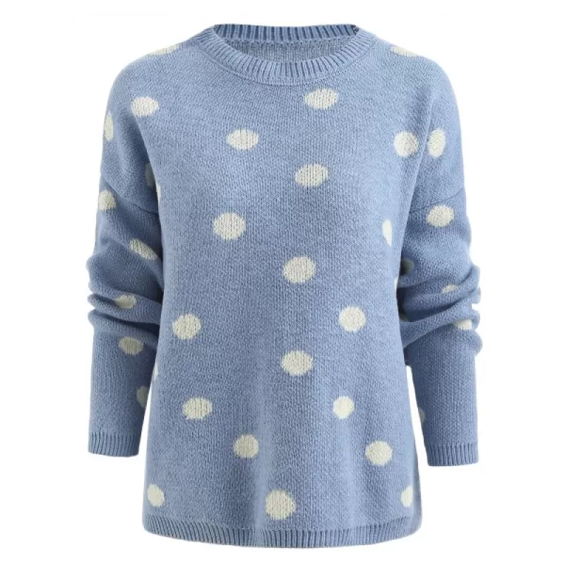 Drop Shoulder Polka Dot Sweater - Light Blue One