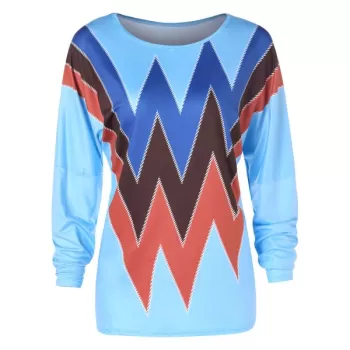 Dropped Shoulder Full Sleeve Zigzag Print T-shirt - ight Blue