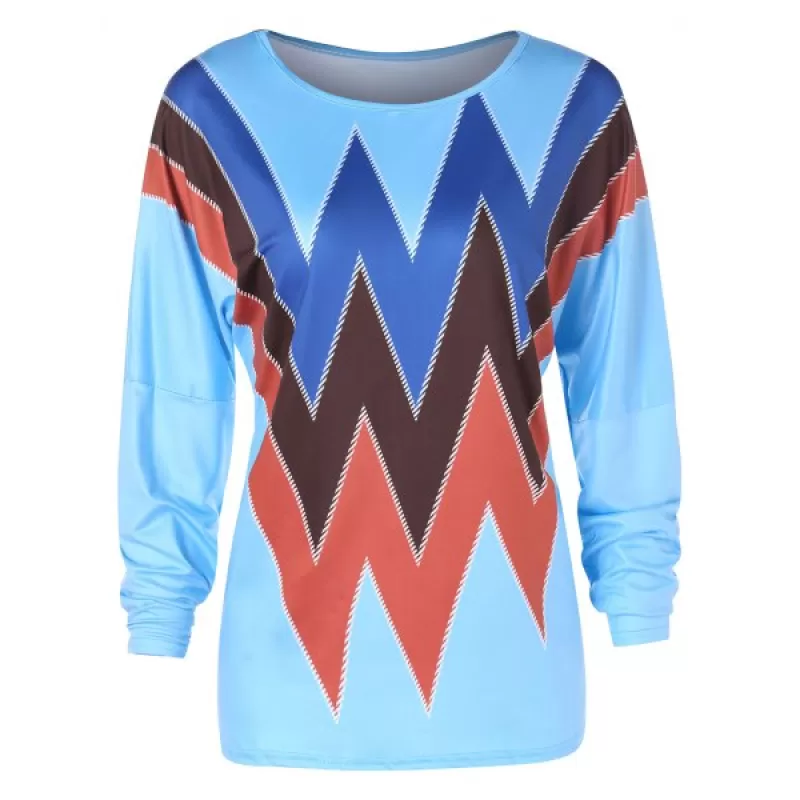 Dropped Shoulder Full Sleeve Zigzag Print T-shirt - ight Blue