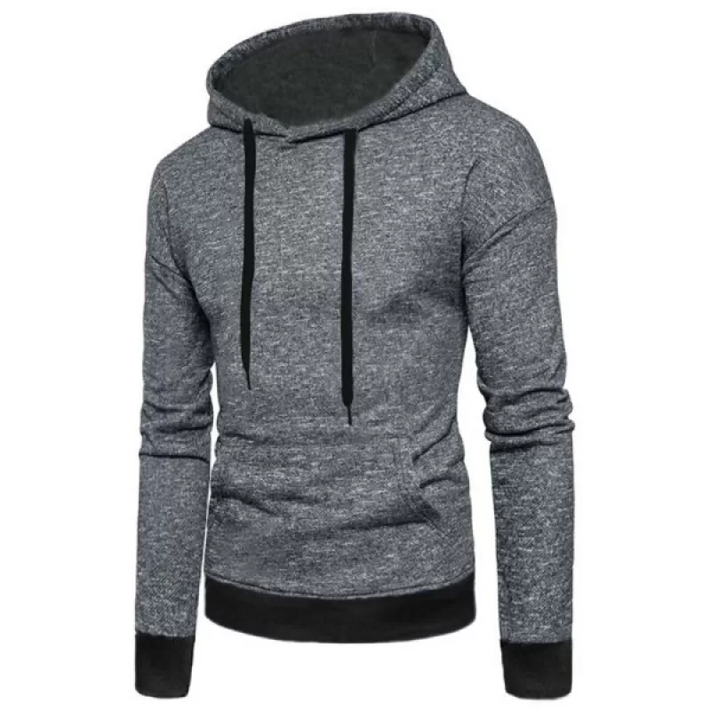 Edge Contrast Textured Print Patch Pocket Fleece Hoodie - Dark Gray
