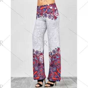 Elastic Waist Paisley Print Palazzo Pants - White