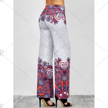 Elastic Waist Paisley Print Palazzo Pants - White