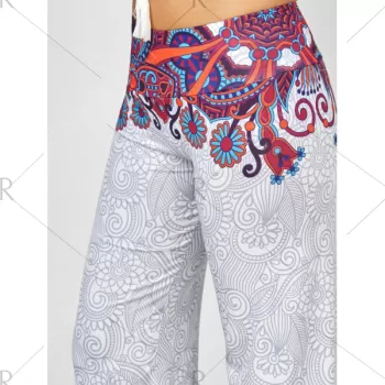 Elastic Waist Paisley Print Palazzo Pants - White