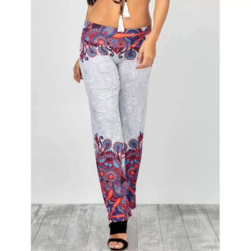Elastic Waist Paisley Print Palazzo Pants - White