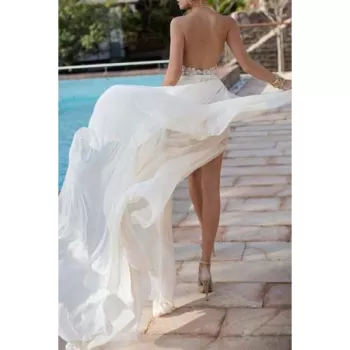 Elegant Halter Neck leeveless Backless High lit Women's Maxi Dress - White