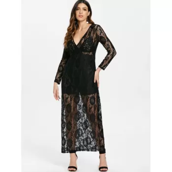 Elegant Plunging Neckline Long Sleeve Dress For Women - Black One