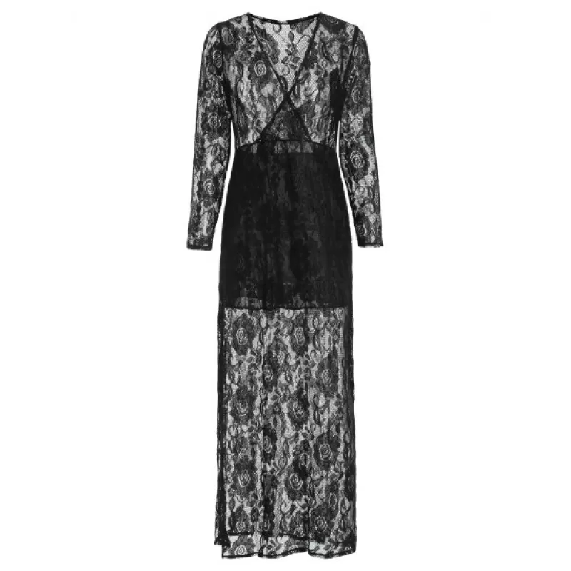 Elegant Plunging Neckline Long Sleeve Dress For Women - Black One