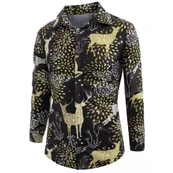 Elk Print Christmas Long Sleeve Shirt - Black