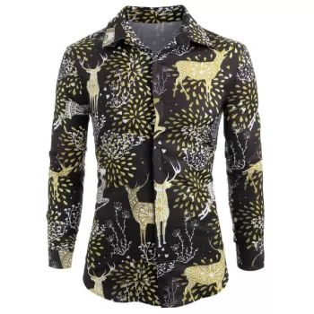 Elk Print Christmas Long Sleeve Shirt - Black