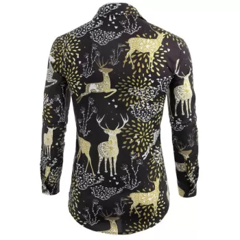Elk Print Christmas Long Sleeve Shirt - Black