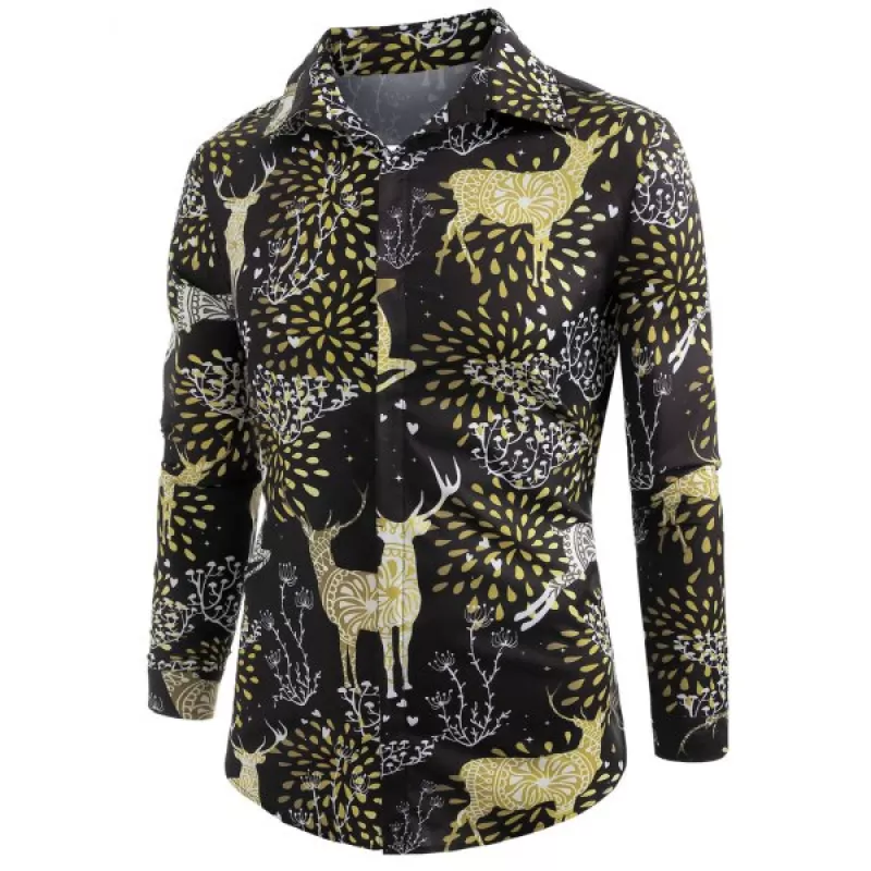 Elk Print Christmas Long Sleeve Shirt - Black
