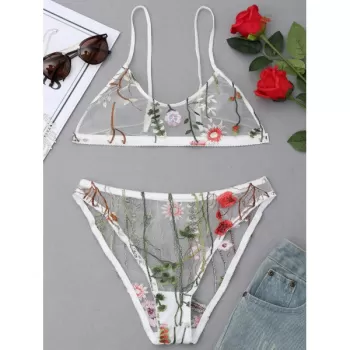 Embroidered Mesh Bralette et - White