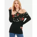 Embroidered Mesh Panel Shoulder Cut Top - Black