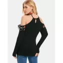 Embroidered Mesh Panel Shoulder Cut Top - Black