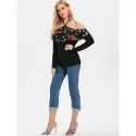Embroidered Mesh Panel Shoulder Cut Top - Black