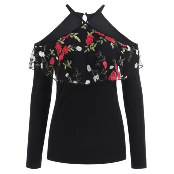 Embroidered Mesh Panel Shoulder Cut Top - Black