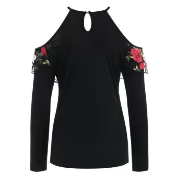 Embroidered Mesh Panel Shoulder Cut Top - Black