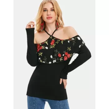Embroidered Mesh Panel Shoulder Cut Top - Black