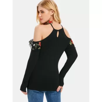 Embroidered Mesh Panel Shoulder Cut Top - Black
