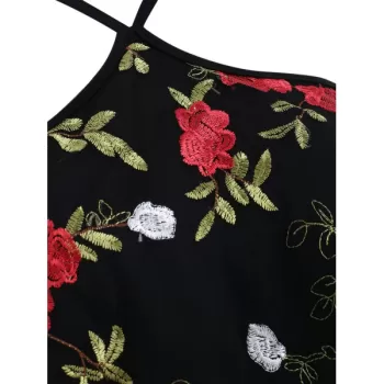 Embroidered Mesh Panel Shoulder Cut Top - Black