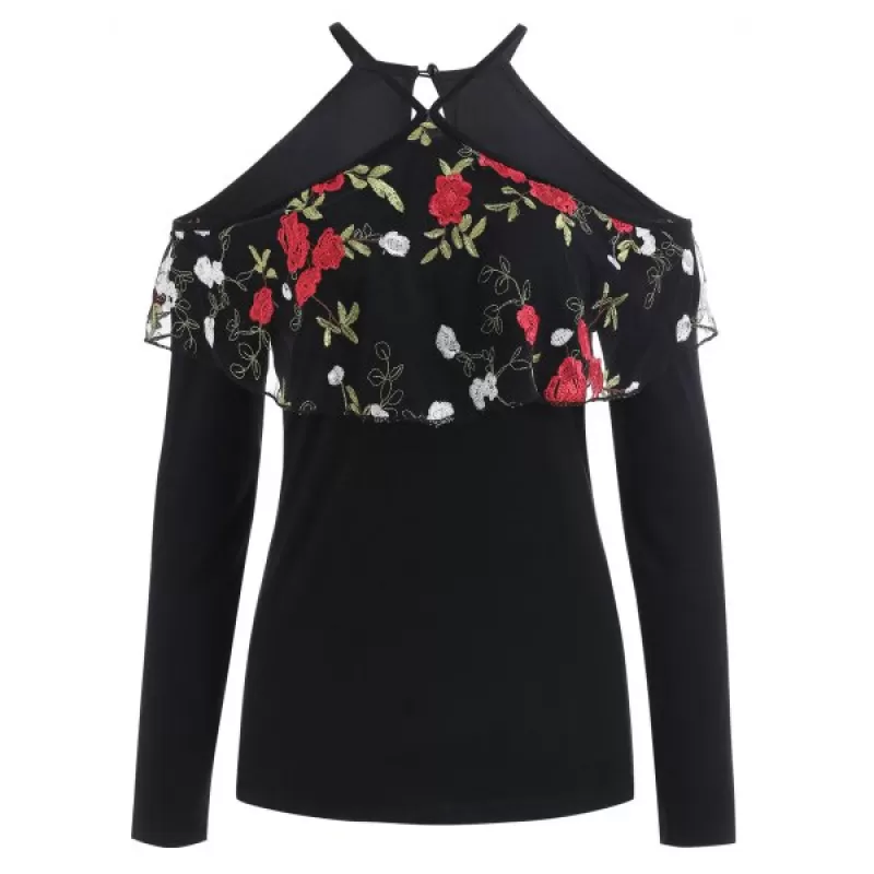 Embroidered Mesh Panel Shoulder Cut Top - Black