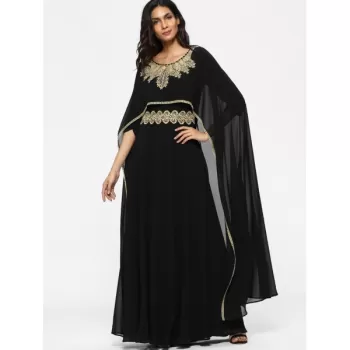 Embroidered Patches Cape Maxi Dress - Black