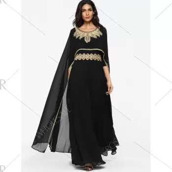 Embroidered Patches Cape Maxi Dress - Black