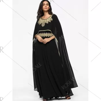 Embroidered Patches Cape Maxi Dress - Black
