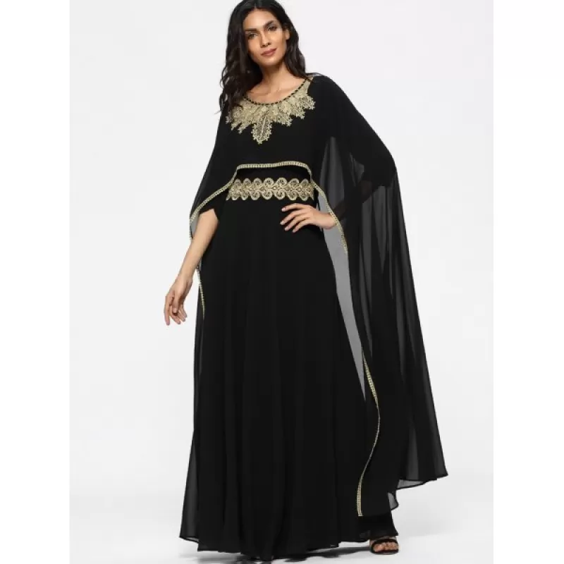 Embroidered Patches Cape Maxi Dress - Black