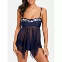 Embroidery esh Sheer Handkerchief Tankini Set - Purplish Blue