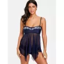 Embroidery esh Sheer Handkerchief Tankini Set - Purplish Blue