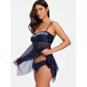 Embroidery esh Sheer Handkerchief Tankini Set - Purplish Blue